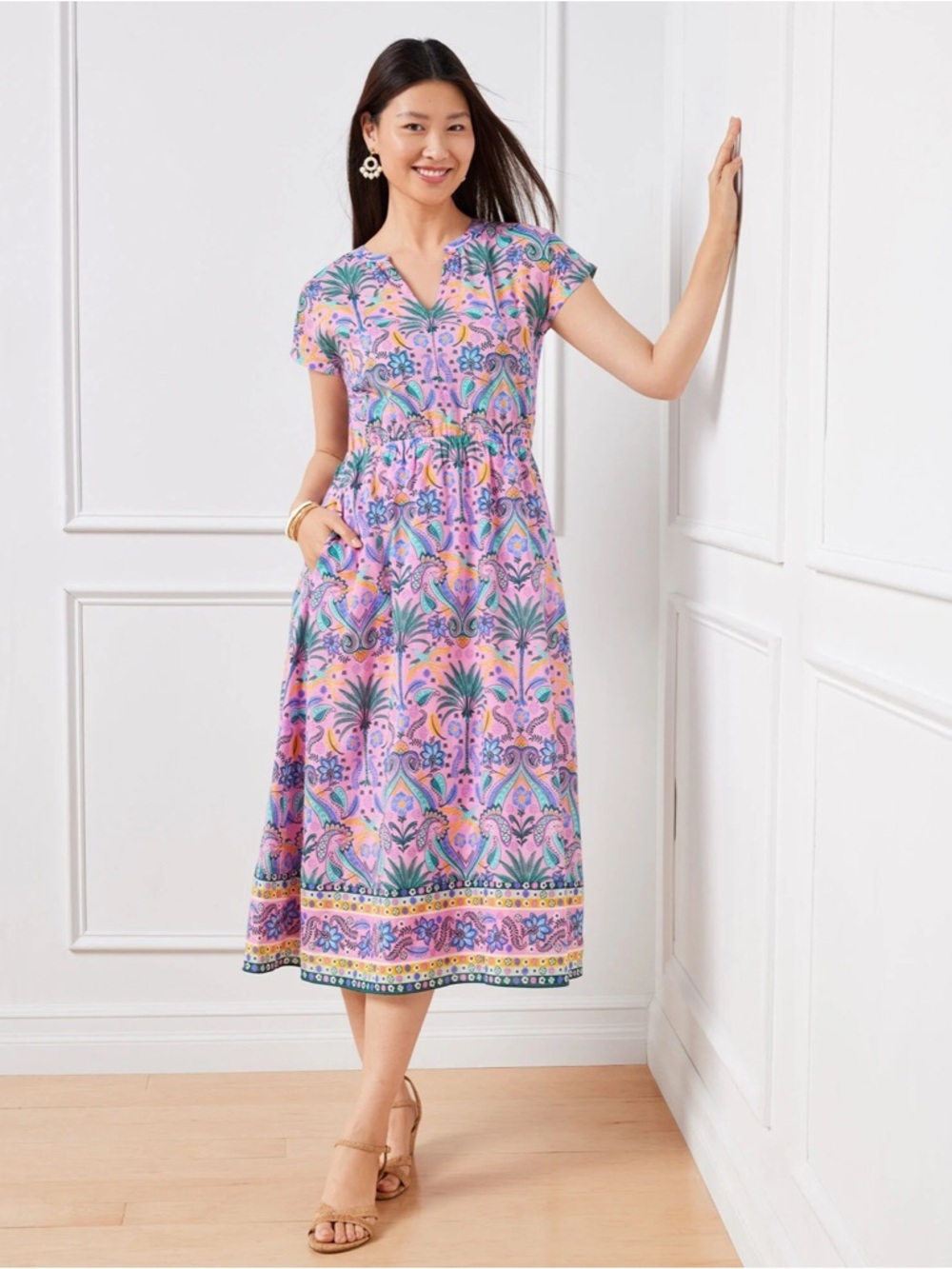 Talbots Fit and Flare Cotton Midi Dress Size Large Birds and Palms